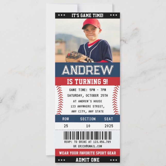 Custom Baseball Ticket Sport Birthday with photo Invitation (Front)