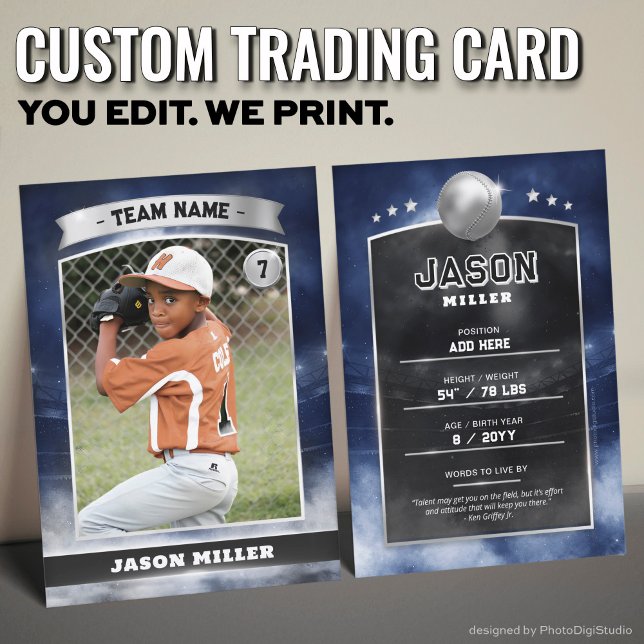 Custom Baseball Trading Card Blue Silver Stadium (Custom Trading Card, Editable Baseball Trading Card, Modern Blue Silver Stadium Design)