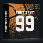 Custom basketball binder with sports jersey number<br><div class="desc">Custom basketball ring binder with sports jersey number for coach and player. Personalized basketball binder for card collectors (no sleeves), coach and more. Customizable name and background colour ie orange. Organize your sports player card collection, notes etc. Cute birthday gift idea for coach, teen boys and girls. Make one for...</div>
