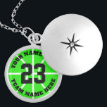 Custom basketball player jersey number team name locket necklace<br><div class="desc">Custom basketball player jersey number team name round locket necklace. Personalized sports gift for basketball player,  fan and coach. Neon green or custom background colour. Sporty presents for girl,  sister,  daughter,  granddaughter,  mom,  friend,  team mate etc.</div>