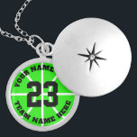 Custom basketball player jersey number team name locket necklace<br><div class="desc">Custom basketball player jersey number team name round locket necklace. Personalized sports gift for basketball player,  fan and coach. Neon green or custom background colour. Sporty presents for girl,  sister,  daughter,  granddaughter,  mom,  friend,  team mate etc.</div>