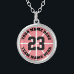 Custom basketball player jersey number team name silver plated necklace<br><div class="desc">Custom basketball player jersey number team name round Silver Plated Necklace. Personalized sports gift for basketball player,  fan and coach. Coral pink or custom background colour. Sporty presents for girl,  sister,  daughter,  granddaughter,  mom,  friend,  team mate etc.</div>