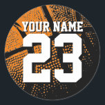 Custom basketball sports jersey number and name classic round sticker<br><div class="desc">Custom basketball sports jersey number and name Classic Round Sticker. Personalized sport stickers and envelope seals. Vintage ball design with orange or custom colour background. Sporty print for player,  coach and fan. Great for kid's Birthday party and more.</div>