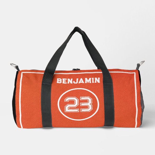 Custom Basketball Textured Player Number Orange Duffle Bag (Front)