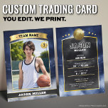 Custom Basketball Trading Card Blue Gold Stadium<br><div class="desc">Score big with this custom basketball trading card featuring a bold blue and gold stadium design! Perfect for young athletes, sports teams, or basketball fans, this editable trading card template lets you customize player stats, team name, and photo for a professional, collectable look. Whether for end-of-season gifts, team keepsakes, or...</div>
