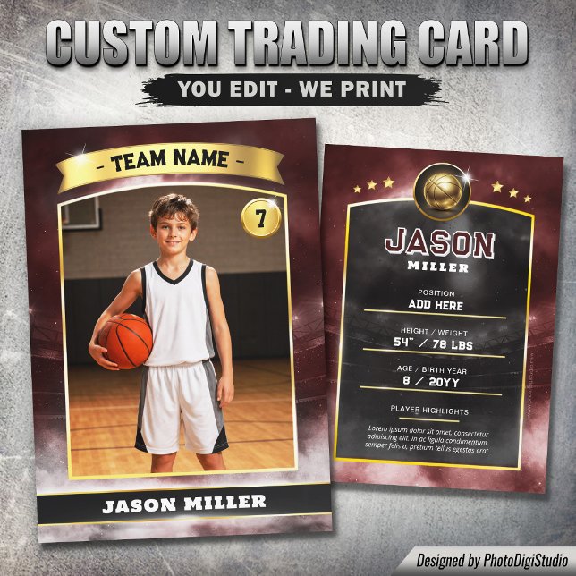 Custom Basketball Trading Card, Red Gold Stadium  Calling Card (Custom Basketball Trading Card, Red Gold Stadium Player Card)