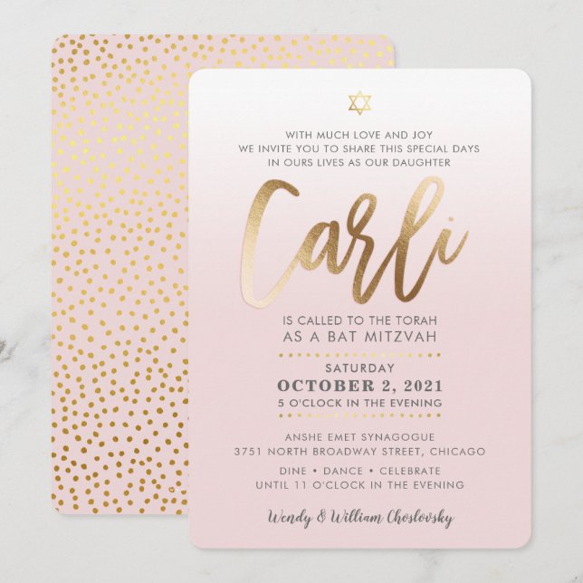CUSTOM Bat Mitzvah Invite pale pink gold CARLI (Front/Back)