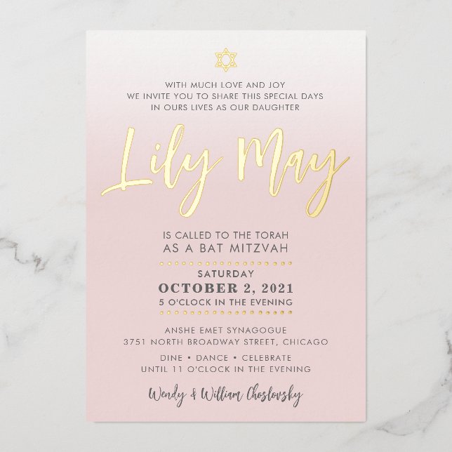 CUSTOM Bat Mitzvah Invite pale pink gold LILY MAY (Front)