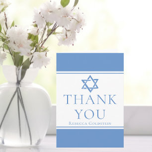 Custom Bat Mitzvah Light Blue Star of David Thank You Card