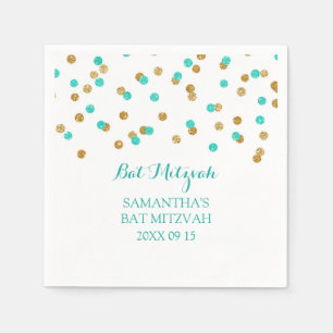 Custom Bat Mitzvah Napkin Mint Gold Blue Confetti
