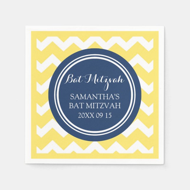 Custom Bat Mitzvah Napkin Yellow Blue Chevron (Front)