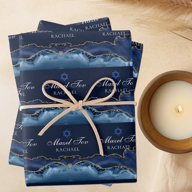 Custom Bat or Bar Mitzvah Elegant Navy Blue Gold Wrapping Paper Sheet (Creator Uploaded)