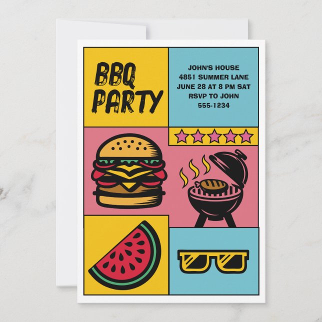 Custom BBQ Party Summer Pop Art Personalized Invitation (Front)