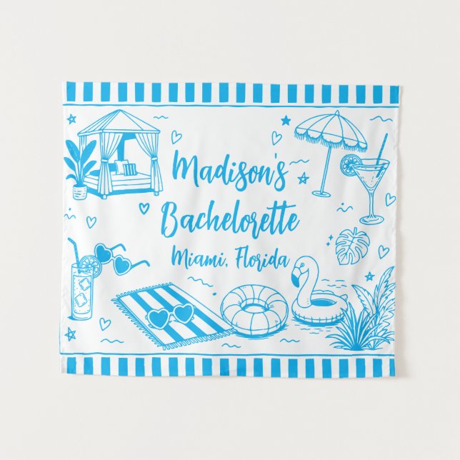 Custom Beach Bachelorette Party Personalized Blue Tapestry (Front (Horizontal))