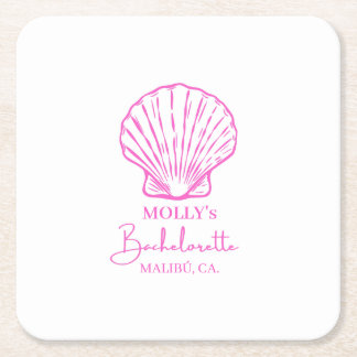 Custom Beach Bachelorette Sea Shell Pink Stripe  Square Paper Coaster