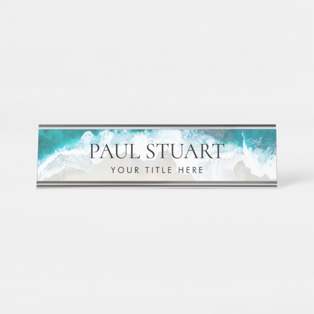 Custom Beach Elegant Professional Modern Blue Desk Name Plate (Front)