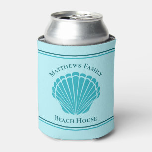 Custom Beach House Aqua Blue Seashell Monogram Can Cooler