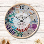 Custom Beach House Clock<br><div class="desc">This beach house clock is decorated with a unique mosaic shell design. Easily customizable with your family name and date. Makes a perfect house warming gift. Use the Customize Further option to change the text size, style, or colour if you wish. Because we create our artwork you won't find this...</div>