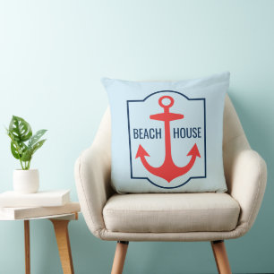 Custom Beach House Coral and Navy Blue Anchor Throw Pillow