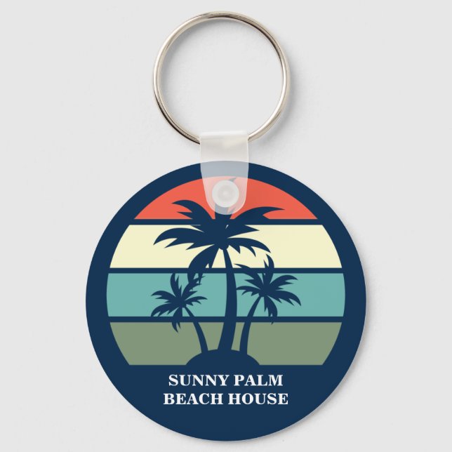 Custom Beach House Vacation Rental Blue Palm Tree Keychain (Front)