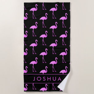 Custom beach towel with neon pink flamingo print