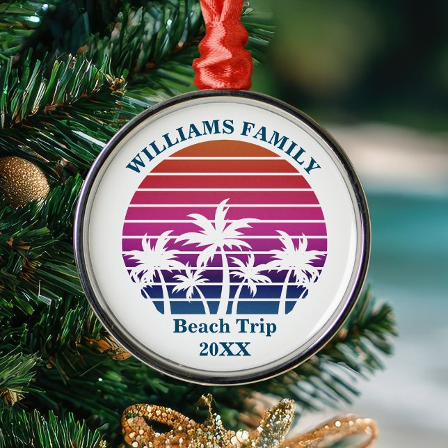 Custom Beach Trip Keepsake Pink Palm Tree Sunset Metal Ornament (Creator Uploaded)