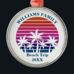 Custom Beach Trip Keepsake Pink Palm Tree Sunset Metal Ornament<br><div class="desc">Cool custom beach sunset keepsake ornament for a destination wedding or family trip to an island. Cute personalized bridal party presents or family reunion gifts featuring a pretty pink background in front of beautiful palm trees.</div>