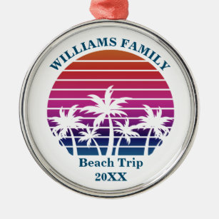 Custom Beach Trip Keepsake Pink Palm Tree Sunset Metal Ornament