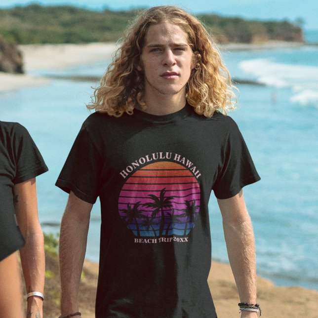 Custom Beach Trip Tropical Palm Trees Black T-Shirt (Creator Uploaded)