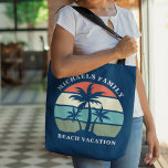 Custom Beach Vacation Tropical Palm Tree Navy Blue Tote Bag<br><div class="desc">Cute summer family beach vacation tote bag with beautiful palm trees in front of a pretty ocean sunset and blue sky. Customize for an island getaway or tropical seaside trip.  Beautiful navy blue personalized bag.</div>
