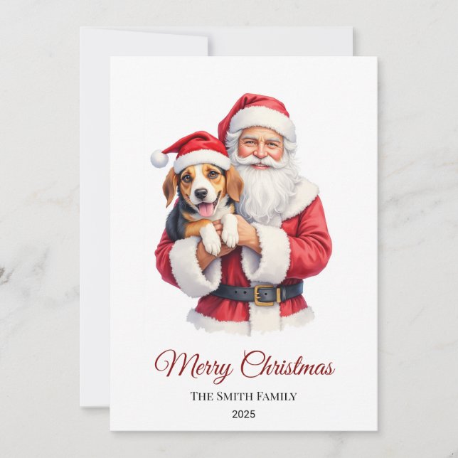 Custom Beagle Dog Santa Claus Christmas Holiday Card (Front)