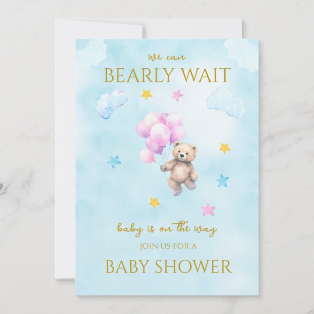 Custom Bear floating with balloons Baby Shower Invitation (Front)
