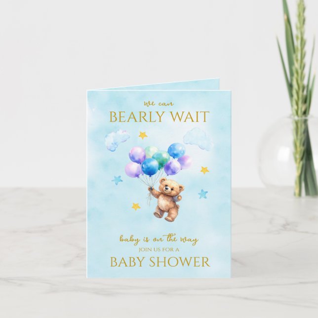 Custom Bear floating with balloons Baby Shower Invitation (Front)