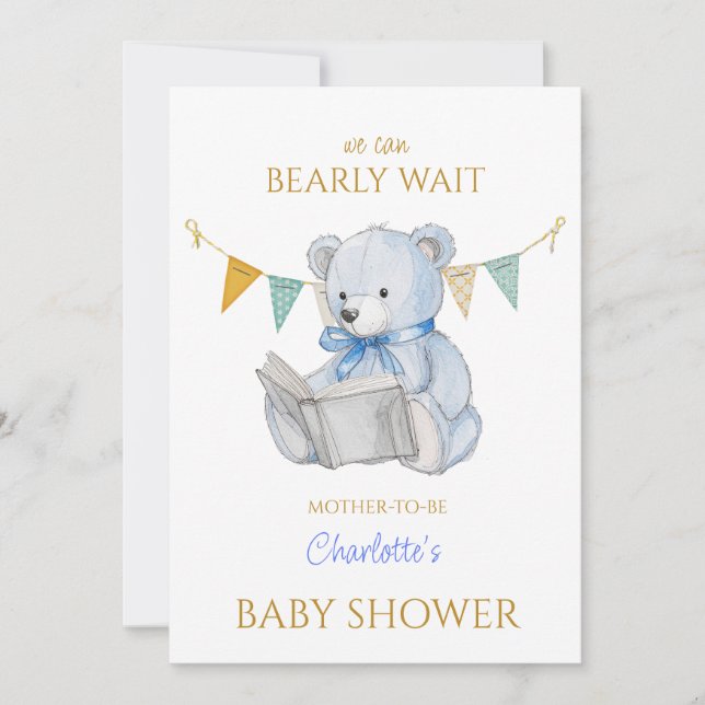 Custom Bear reading a book Baby Shower Invitation (Front)