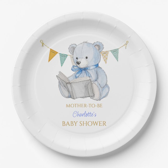 Custom Bear reading a book Baby Shower Paper Plate (Front)