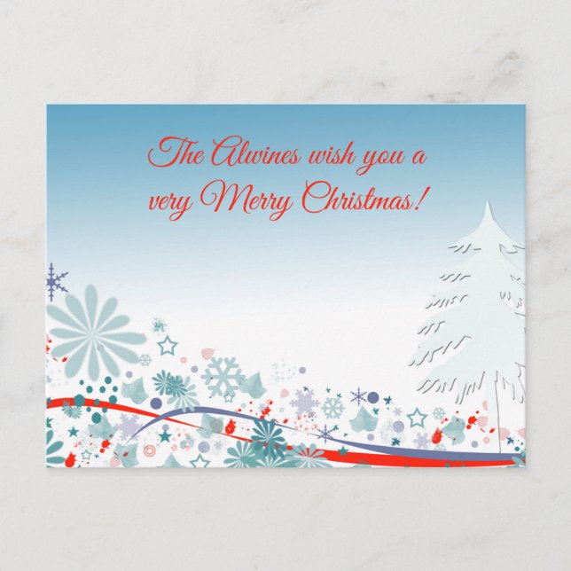 Custom Beautiful Blues Tree & Flowers God Bless Holiday Postcard (Front)