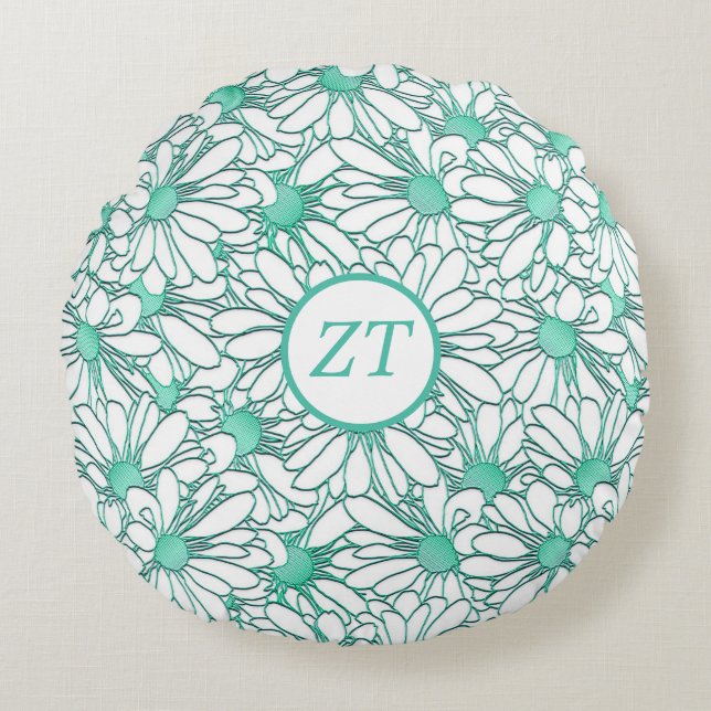 Custom Beautiful Teal and White Floral Round Pillow (Front)