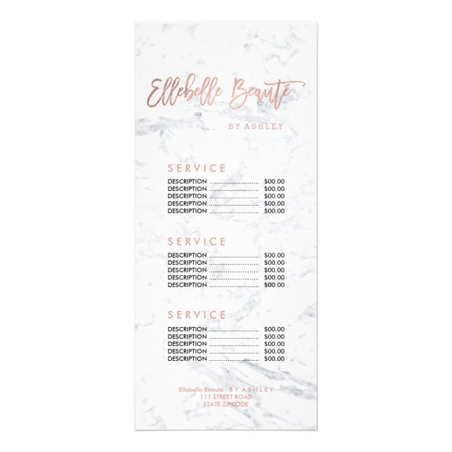 Custom beauty faux gold marble price list rack card (Front)