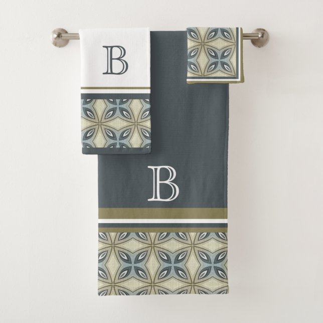 Custom Beige Brown Grey Blue Ornate Art Pattern Bath Towel Set (Insitu)