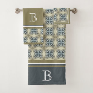 Custom Beige Brown Grey Blue Ornate Art Pattern Bath Towel Set