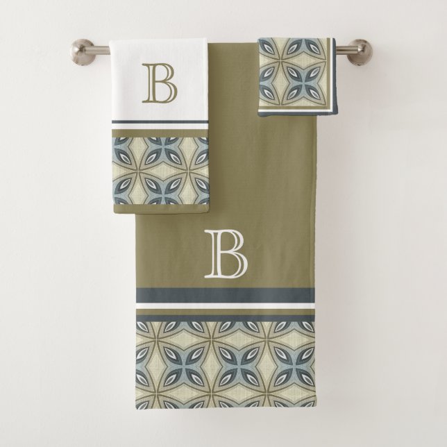 Custom Beige Brown Grey Blue Ornate Art Pattern Bath Towel Set (Insitu)