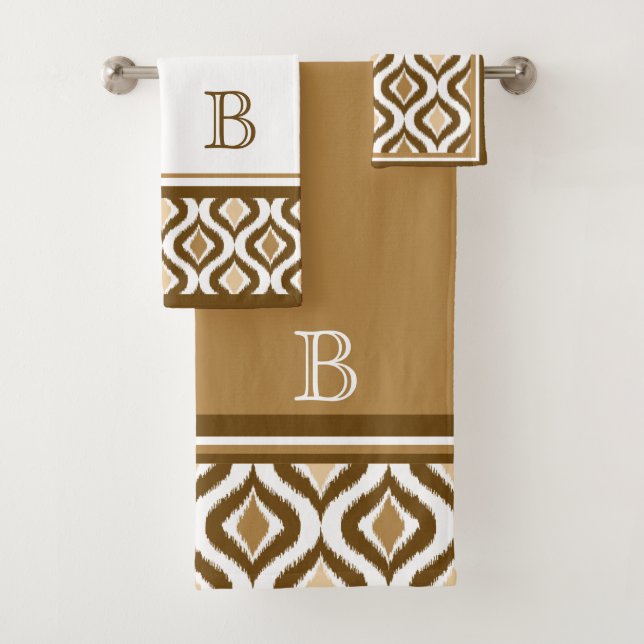 Custom Beige Brown White Retro Chic Ikat Ogee Bath Towel Set (Insitu)