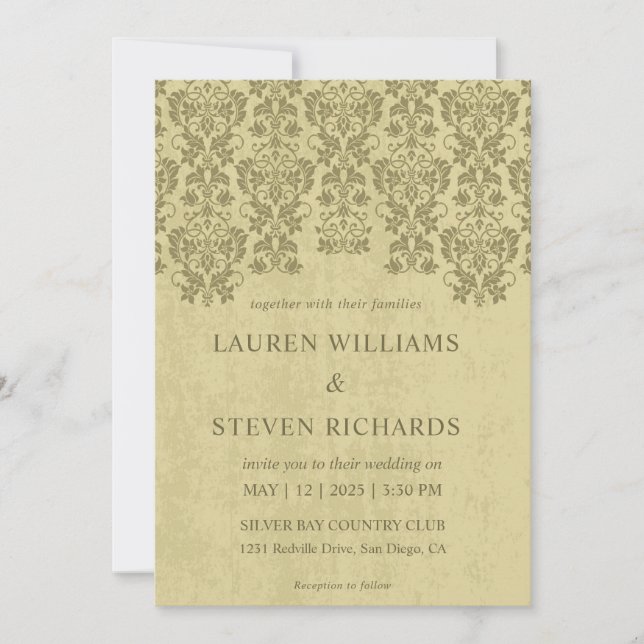Custom Beige Tan Olive Green Glamour Lace Wedding Invitation (Front)