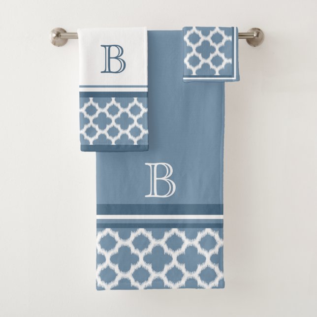 Custom Bermuda Grey Blue White Ikat Quatrefoil Art Bath Towel Set (Insitu)