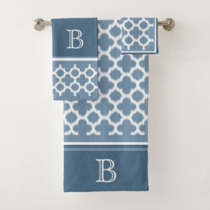 Custom Bermuda Grey Blue White Ikat Quatrefoil Art Bath Towel Set