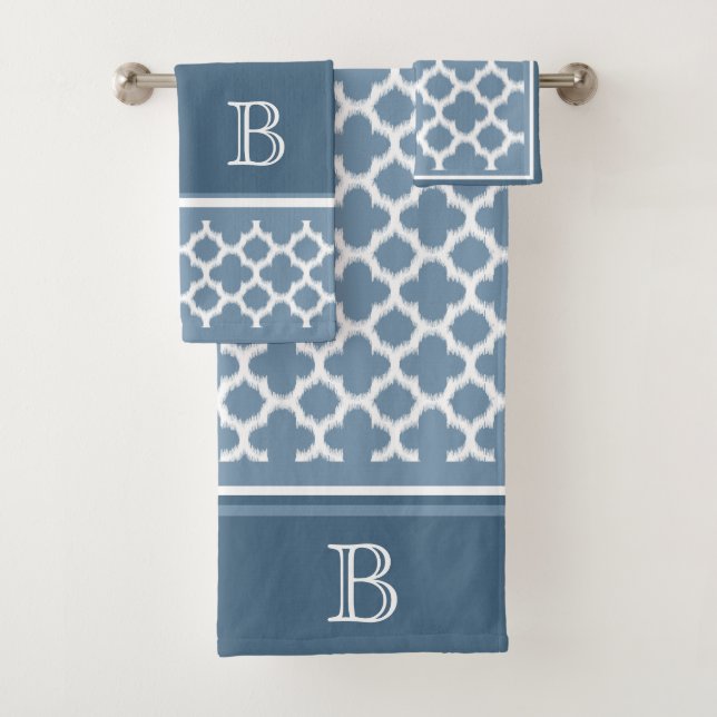Custom Bermuda Grey Blue White Ikat Quatrefoil Art Bath Towel Set (Insitu)