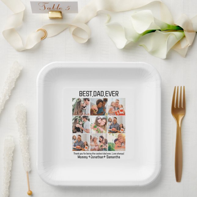 Custom Best Dad Ever Fathers Day 9 Photo Collage Paper Plate (Wedding)