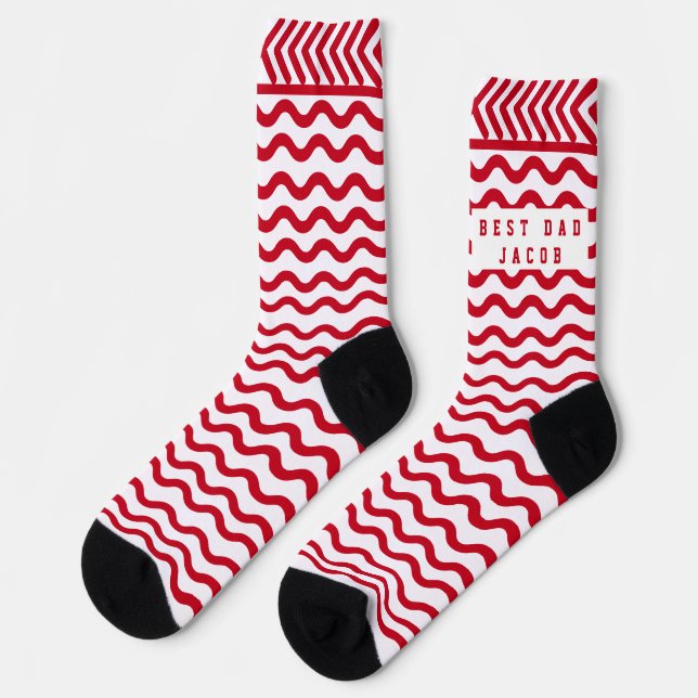 Custom Best Dad Name Red Wave Pattern Socks (Left)