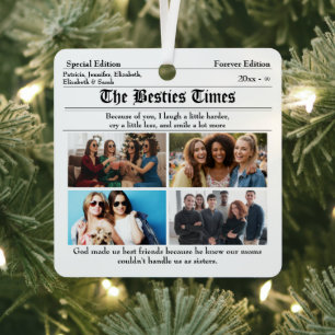 Custom Best Friends Newspaper Photo Collage Metal Ornament