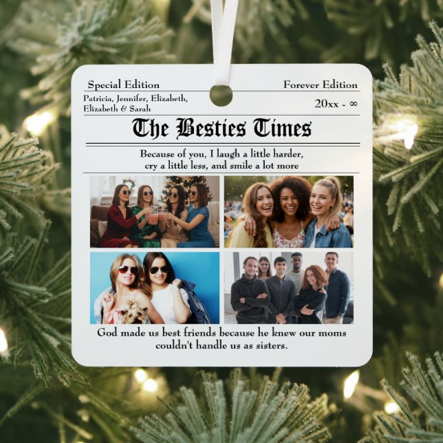 Custom Best Friends Newspaper Photo Collage Metal Ornament (Insitu)